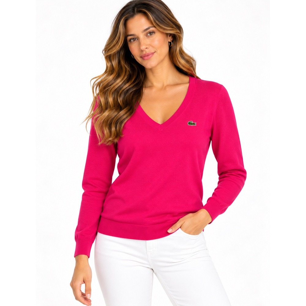 Lacoste Womens Pink V-Neck Cotton Knit Sweater AF9986 Size 4 NWT